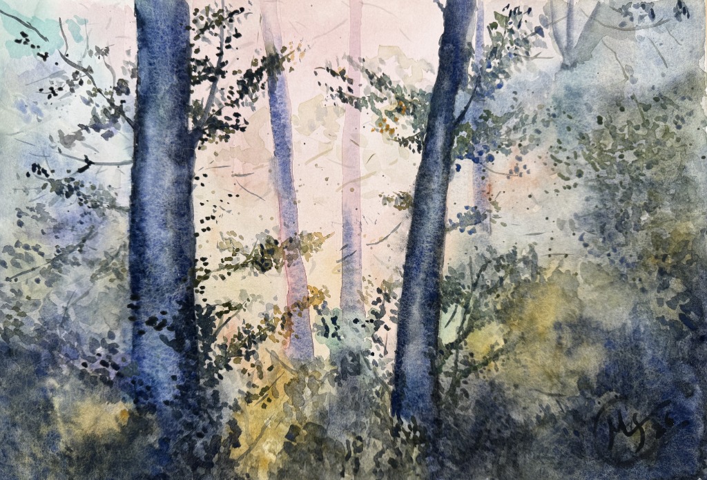 Acuarela de paisaje de bosque con luz entre los árboles