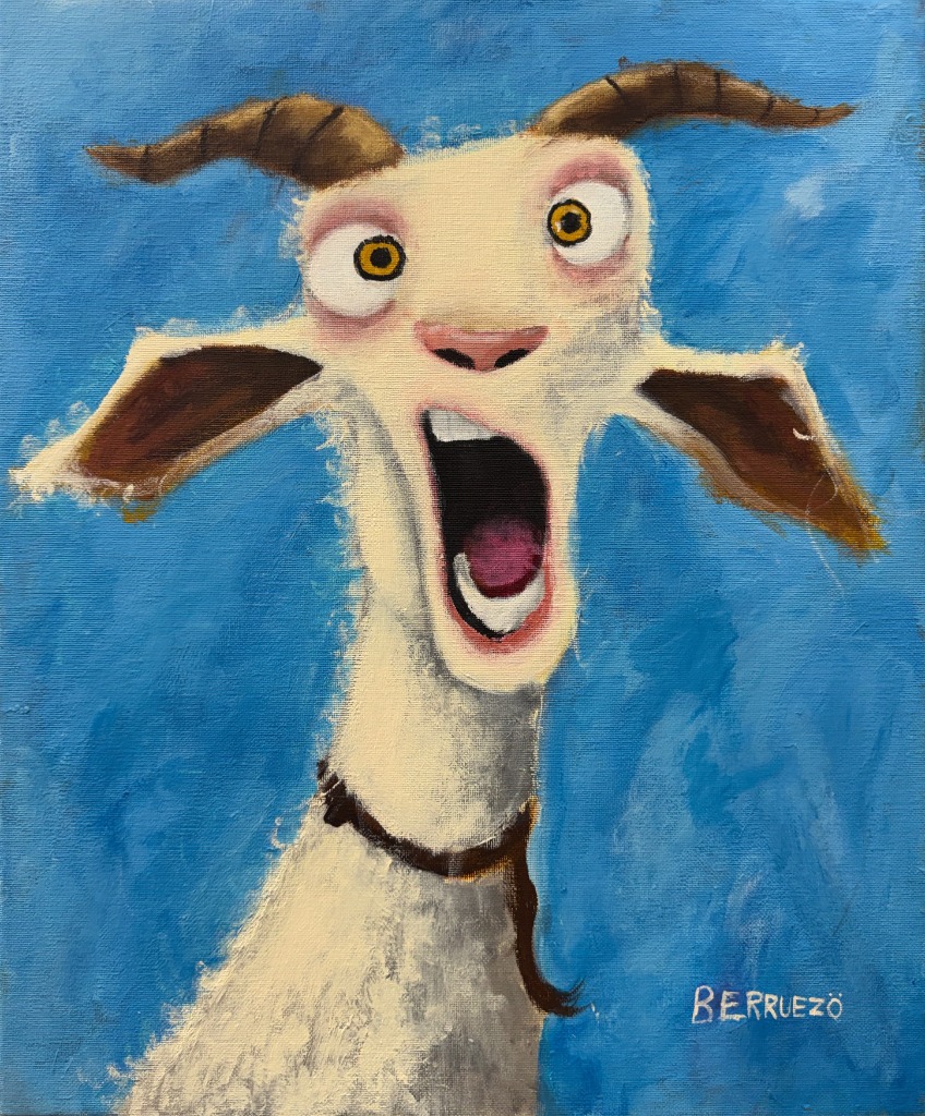 Pintura al óleo de cabra expresiva con fondo azul, por Berruezo