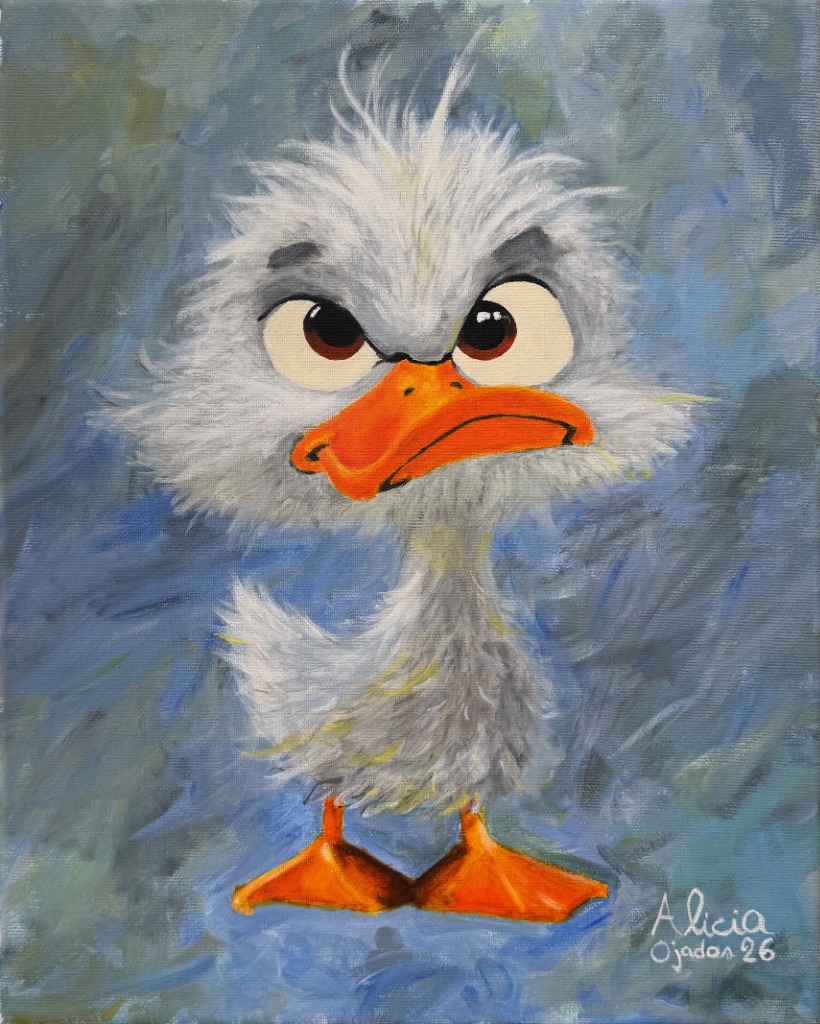 Pintura al óleo de pato con expresión divertida, por Alicia Ojados